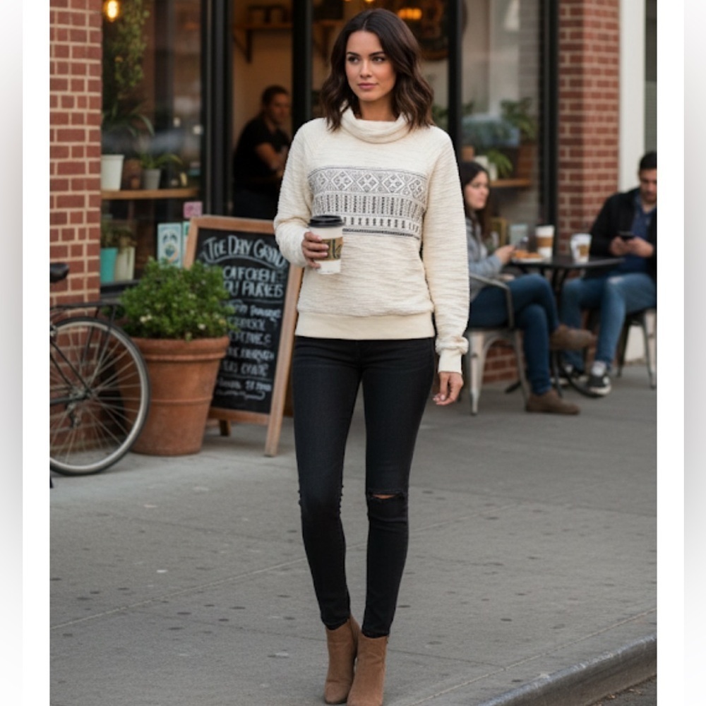 Lucky Brand small cream embroidered cotton sweater